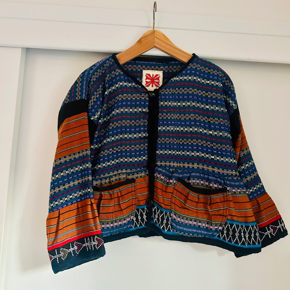 Unique Bohemian‎ Embroidered Jacket Blue Orange Women's Long Sleeve Pockets